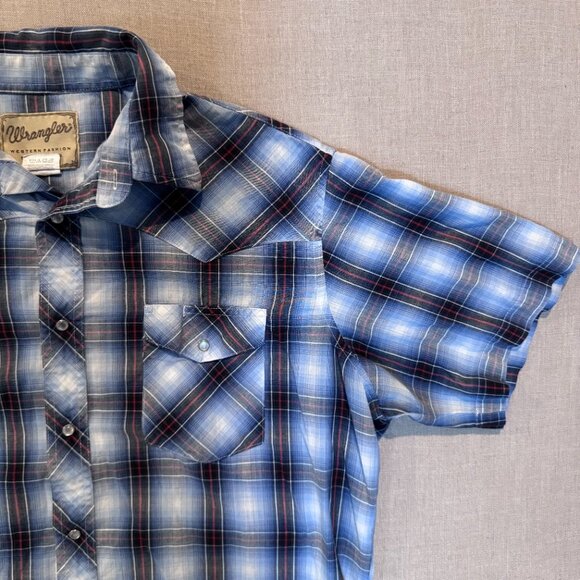 Wrangler Men’s XL Snap Button Western Shirt Blue Plaid Pearl Snap Cowboy - Picture 2 of 6